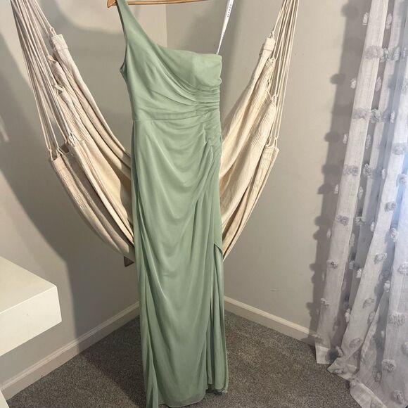 Azazie One-Shoulder Sage Green Dress - Picture 1 of 9